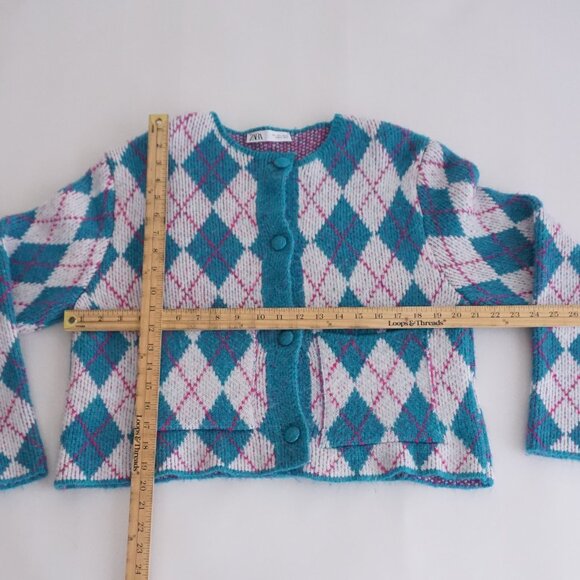 ZARA Argyle Knit Cardigan Teal Pink White Preppycore Soft Girl Y2K Aesthetic L - Picture 3 of 9